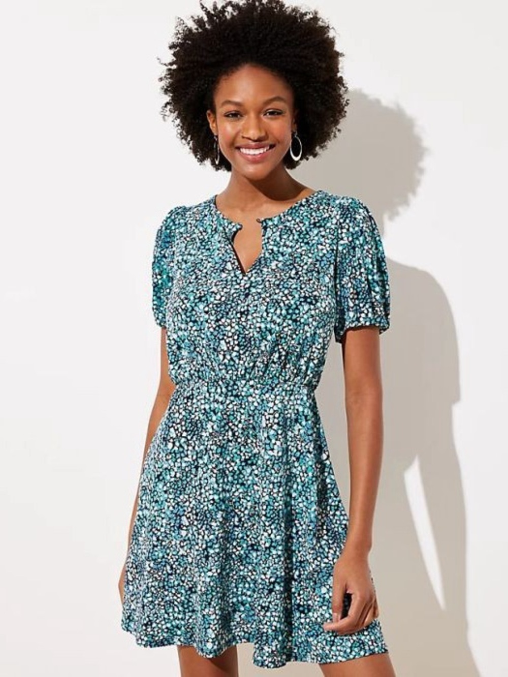 LOFT Wildflower Puff Sleeve Flare Dress